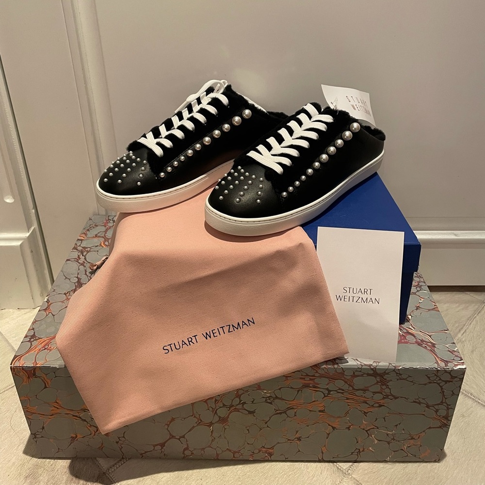 Stuart Weitzman Mule Slide Sneakers Pearl Embellishment Black Leather Sheep Fur
